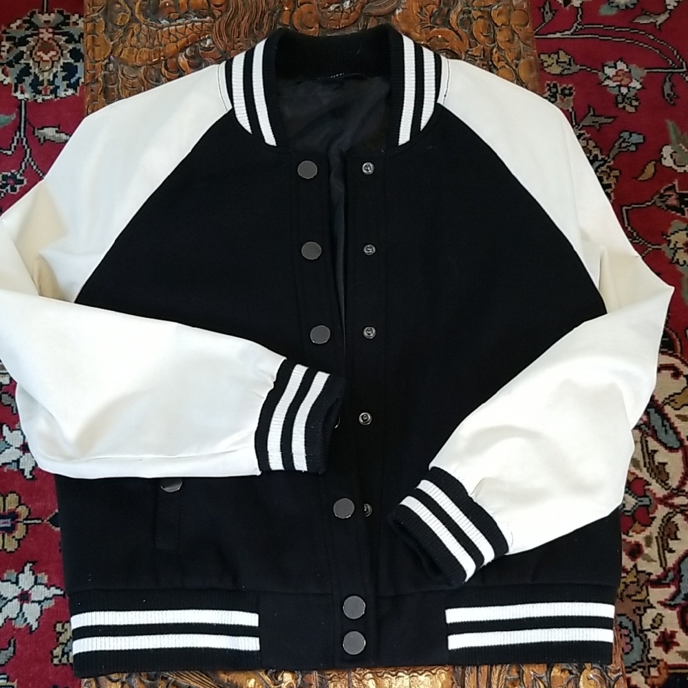 FOREVER 21 Vintage Letterman's PVC Jacket Black White Small
